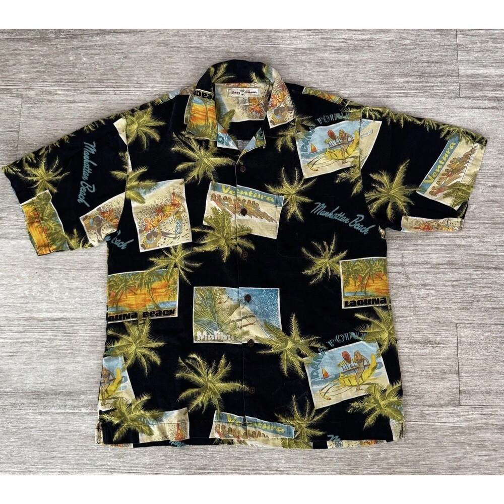 Tommy Bahama 100% Silk Hawaiian Shirt M Black CA Beach Print Resort Vacation